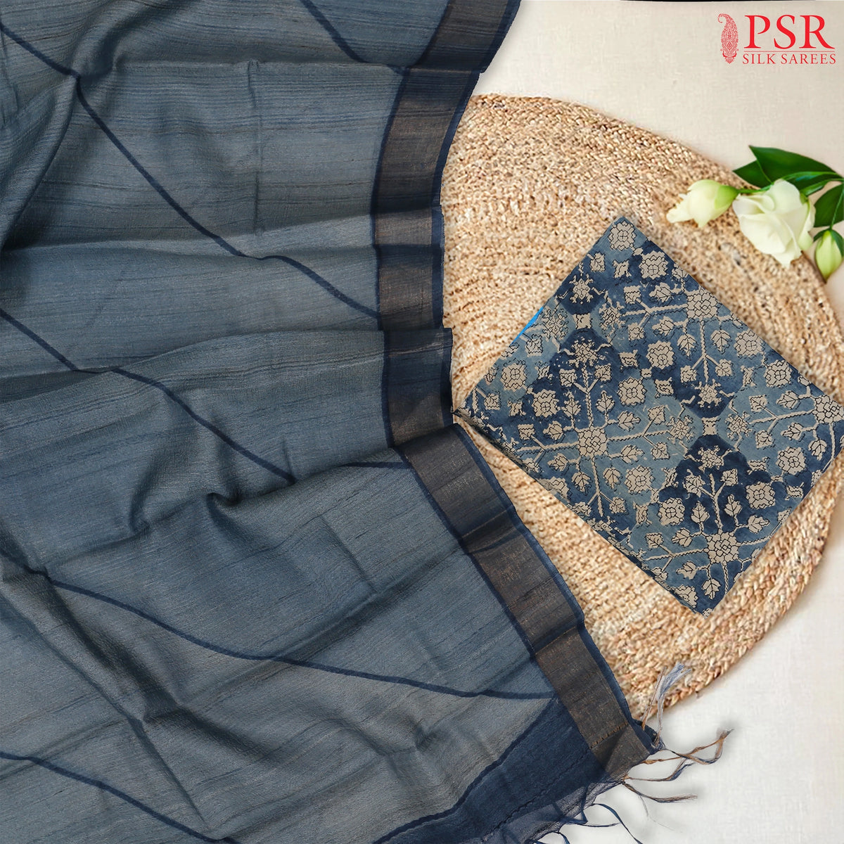 Jamestown Blue & Dark Steel Blue Kadhi Tussar Silk Dress Material