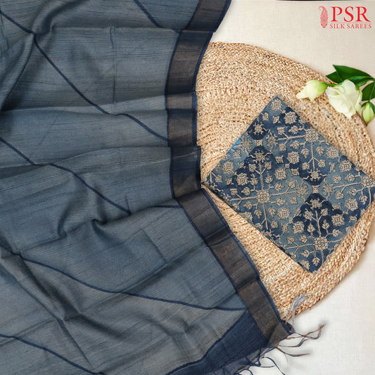 Jamestown Blue & Dark Steel Blue Kadhi Tussar Silk Dress Material