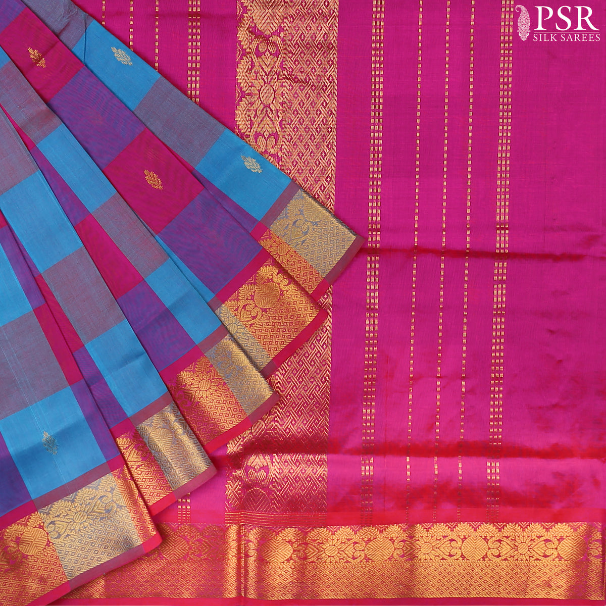 Blue & Magenta Cotton Silk Saree