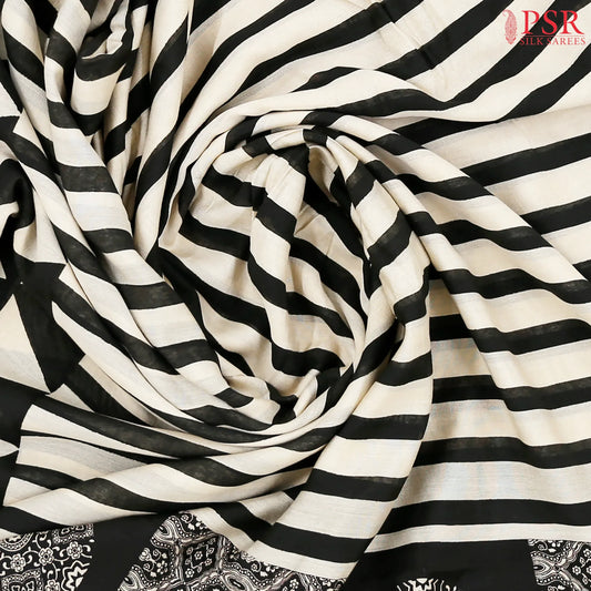 Beige & Black Chanderi Silk Cotton Saree
