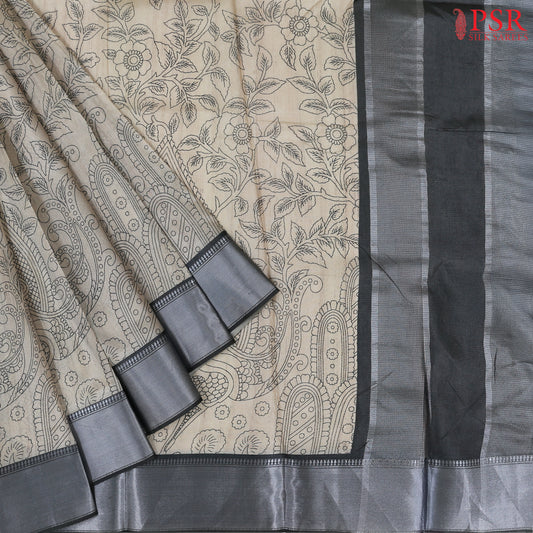 Beige & Charcoal Grey Tissue Dupion Saree