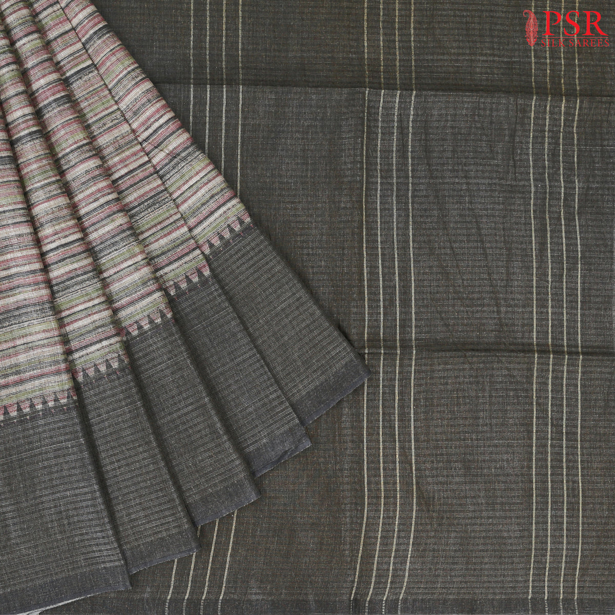 Multicolor Stripes and Charcoal Grey Semi Moonga Saree