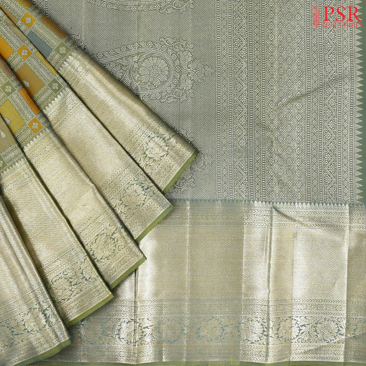 Olive Multicolor Kanchipuram Jacquard Silk Saree