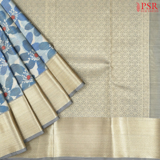 Steel Blue Printed Tissue Art Silk Saree