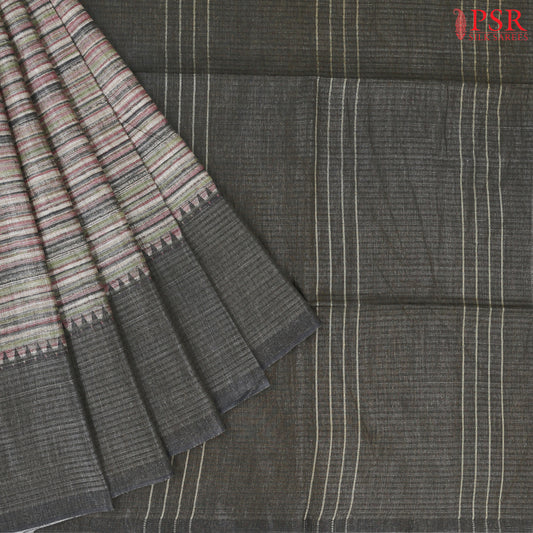 Multicolor Stripes and Charcoal Grey Semi Moonga Saree