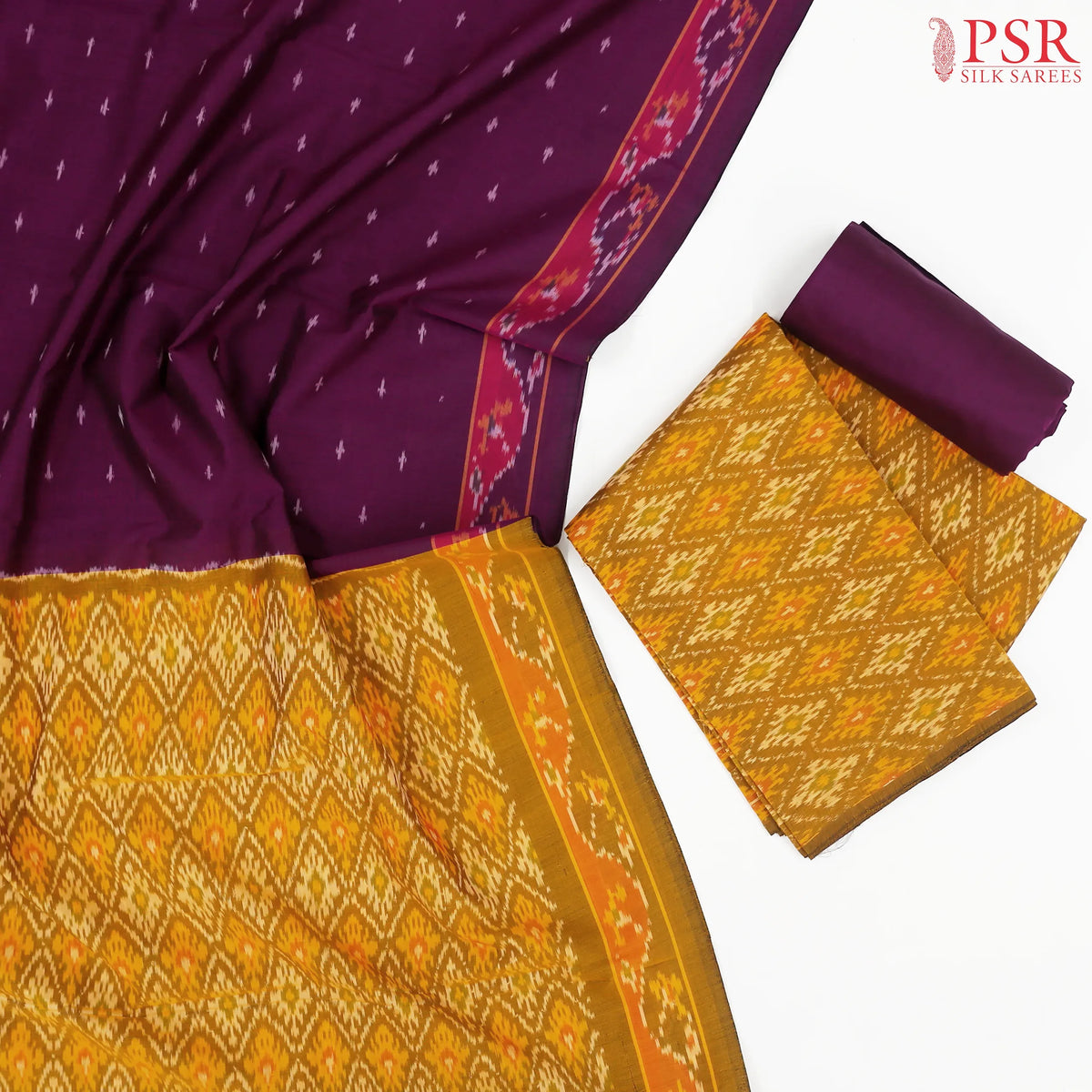 Dark Olive Yellow Pochampally Silk Cotton Dress Material