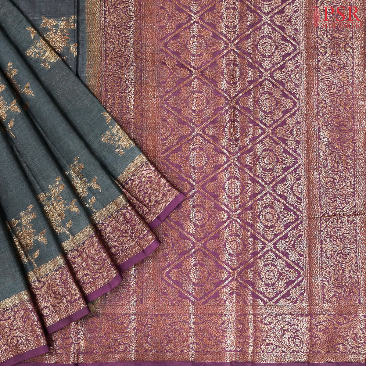 Dark Grey Banaras Tussar Silk Saree