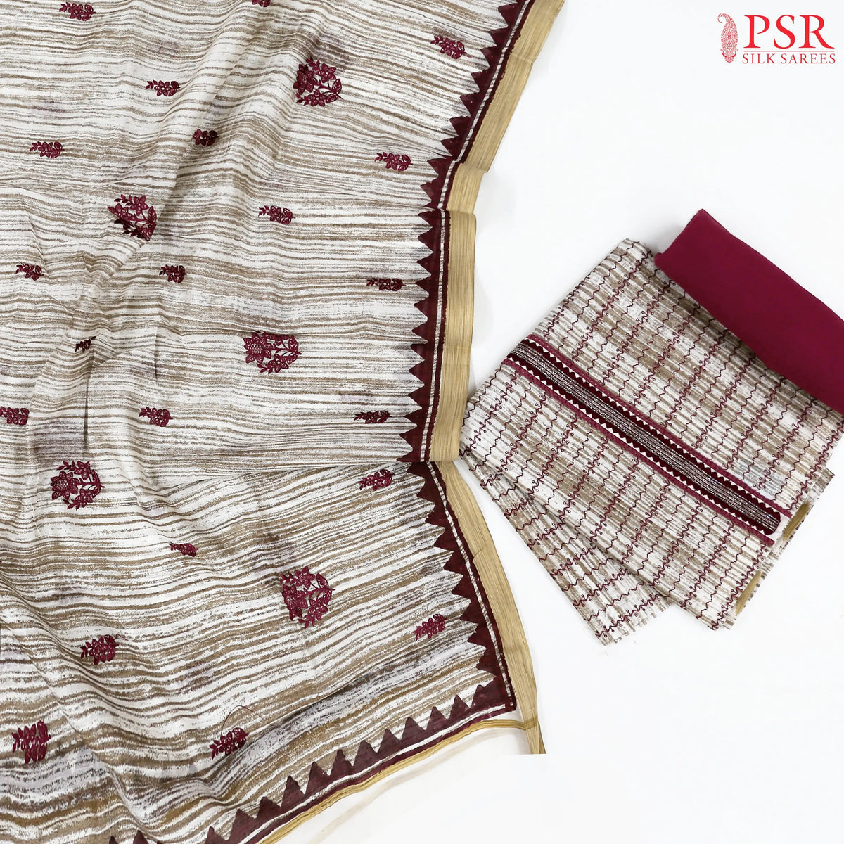 Beige & Maroon Chanderi Silk Cotton Dress Material