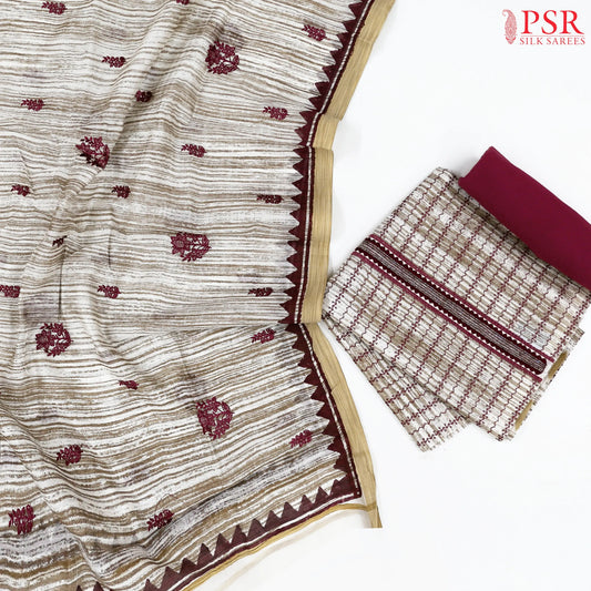 Beige & Maroon Chanderi Silk Cotton Dress Material