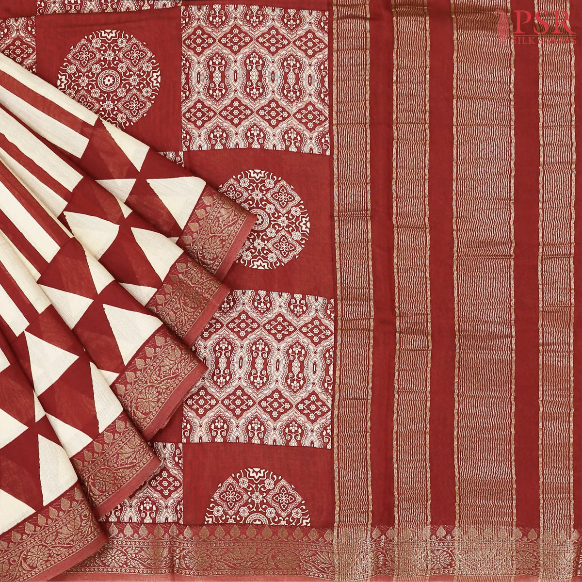 Beige & Maroon Chanderi Silk Cotton Saree