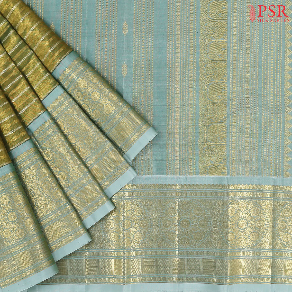 Golden Olive  Kanchipuram Jacquard Tissue Silk Saree
