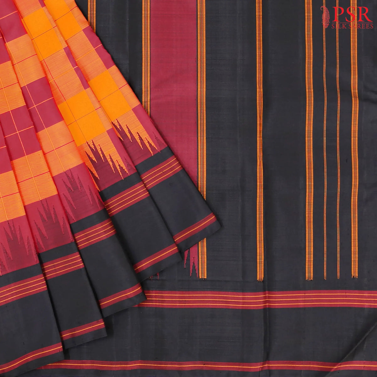 Rich Maroon & Saffron Kanchipuram Silk Saree