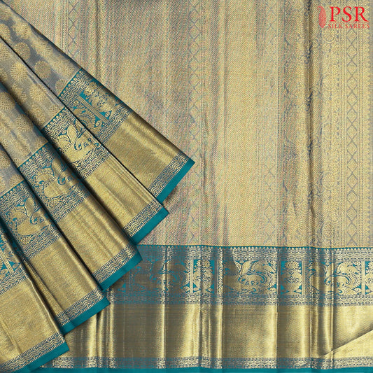Golden Teal Kanchipuram Jacquard Tissue Silk Saree
