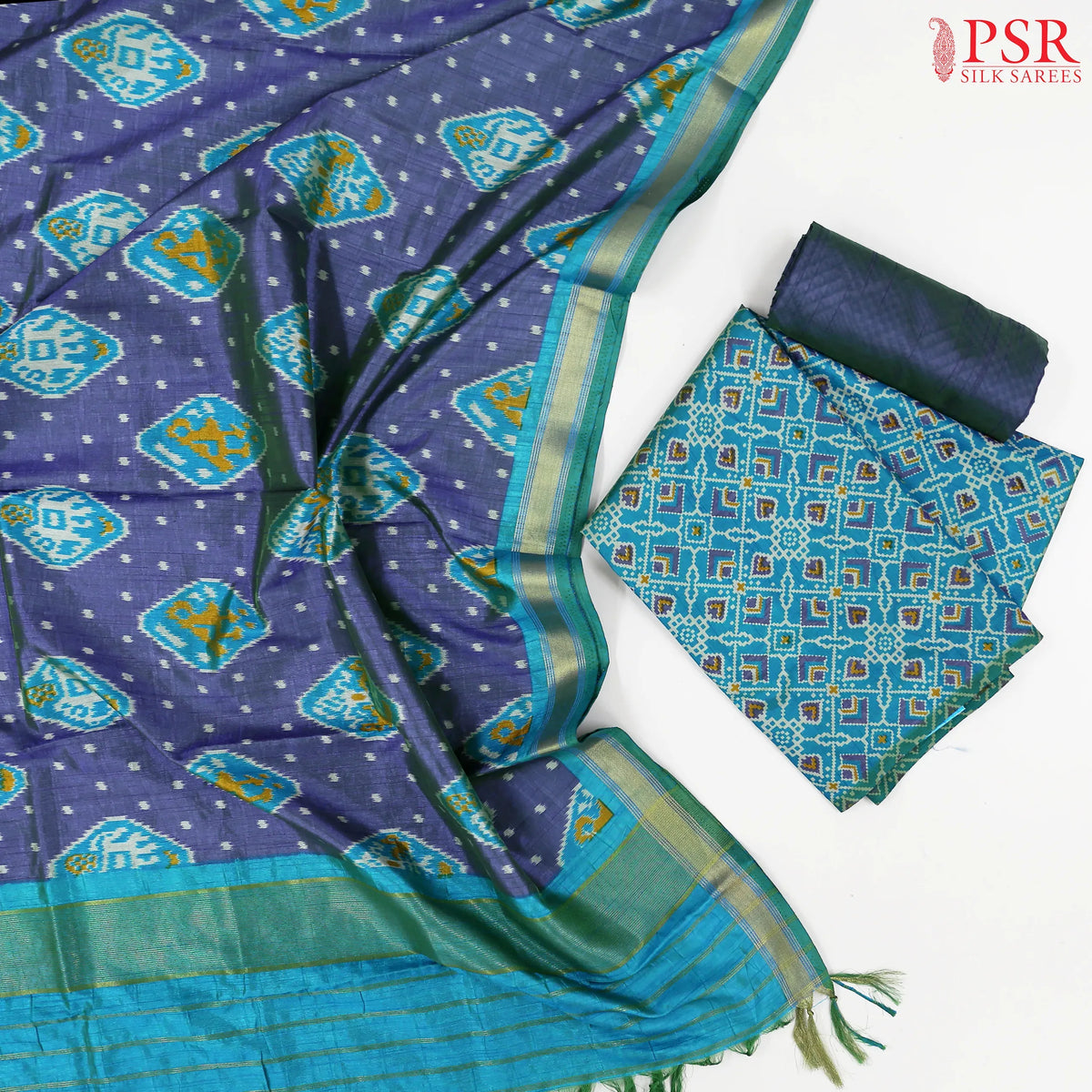 Peacock Blue Soft Patola Silk Cotton Dress Material