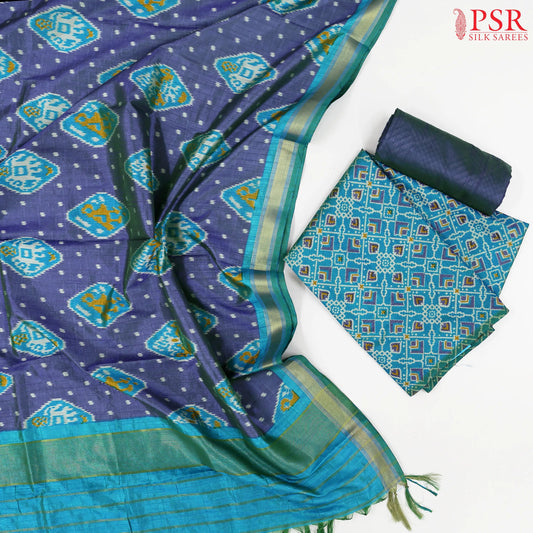 Peacock Blue Soft Patola Silk Cotton Dress Material