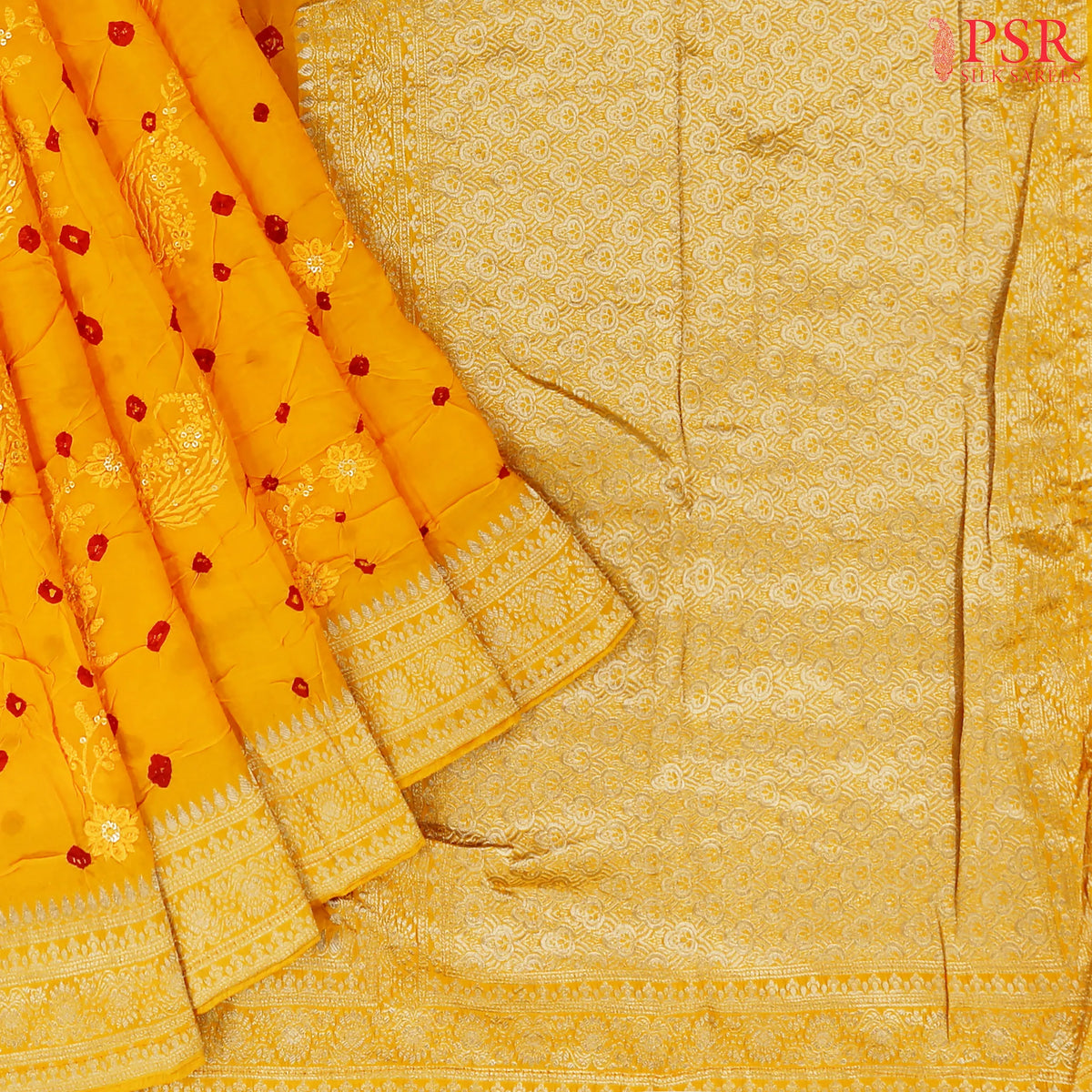 Amber Yellow Crushed Bandhini Saree