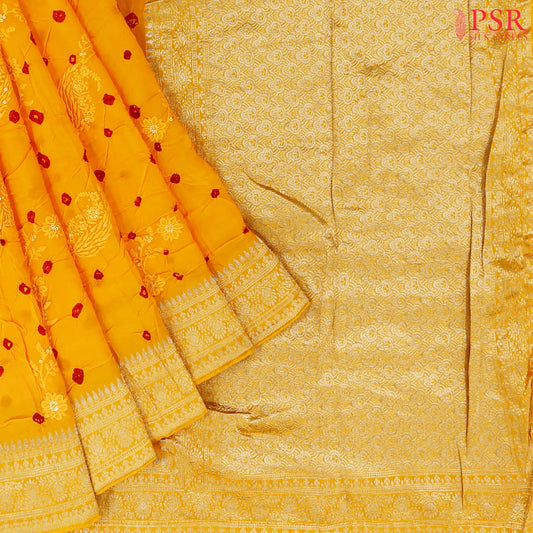 Amber Yellow Crushed Bandhini Saree