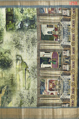 Green Medieval Paintings Dupion Saree
