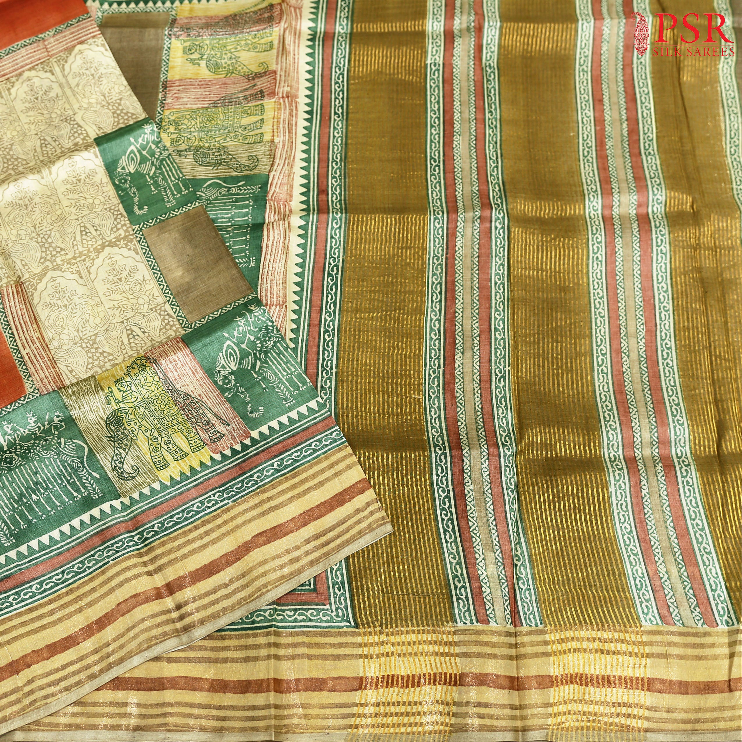 Olive Beige Kadhi Tussar Silk Sarees