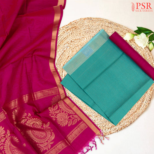 Turquoise & Magenta Silk Cotton Dress Material