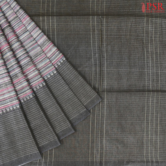 Multicolor Stripes and Charcoal Grey Semi Moonga Saree