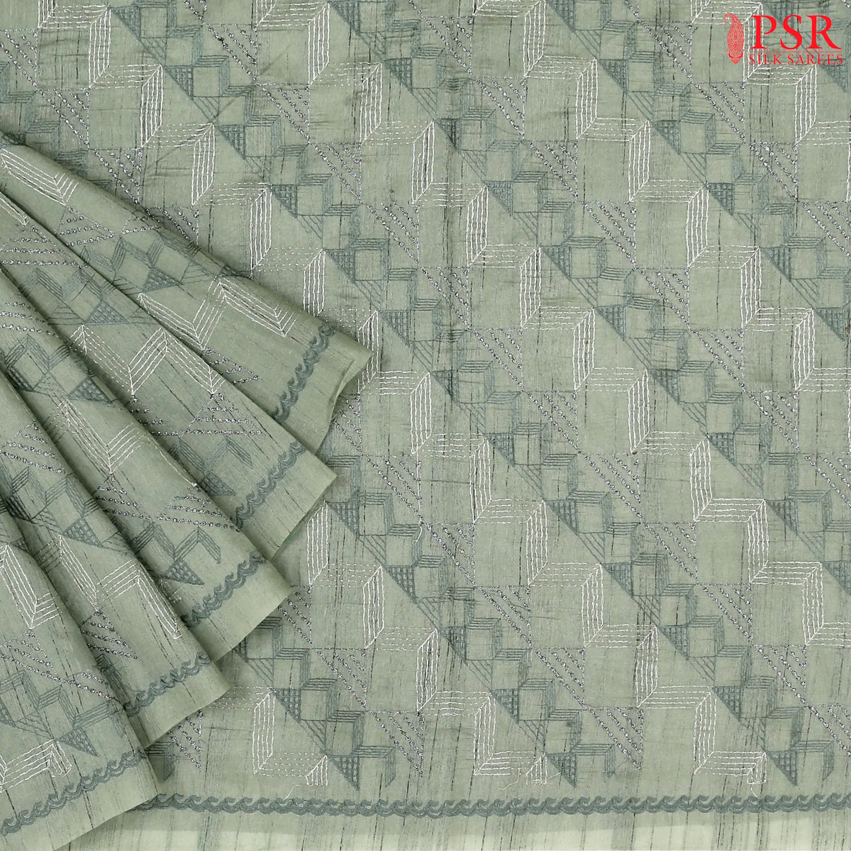 Sage Green Semi Tussar Embroidery Saree