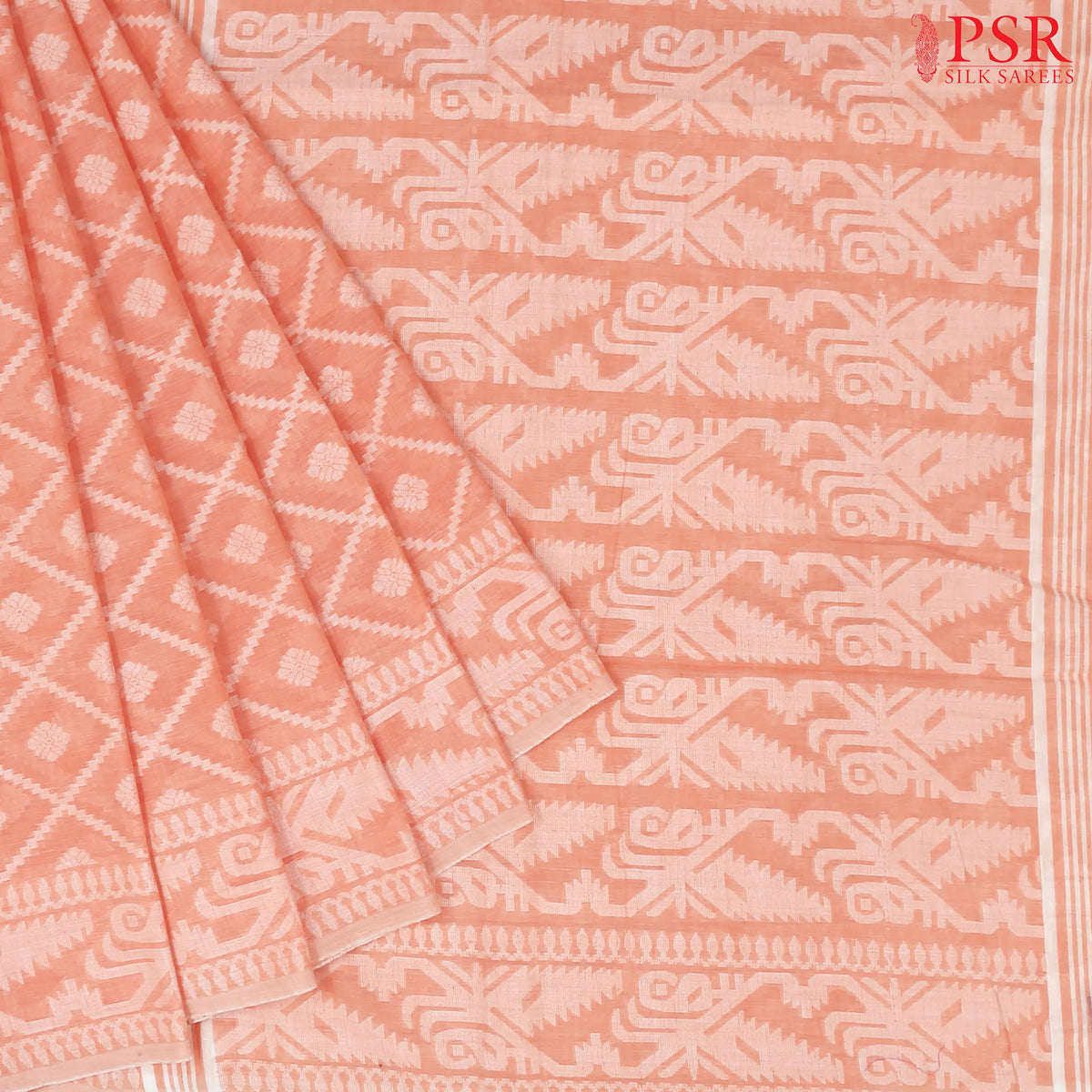 Light Coral Peach Byloom Cotton Saree