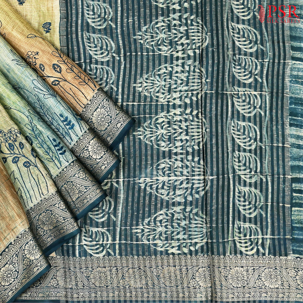 Beige & Teal Semi Crape Saree