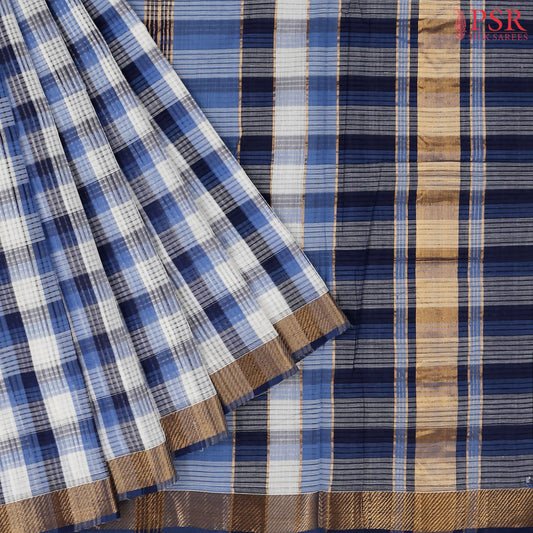 White & Blue Mangalagiri Cotton Saree
