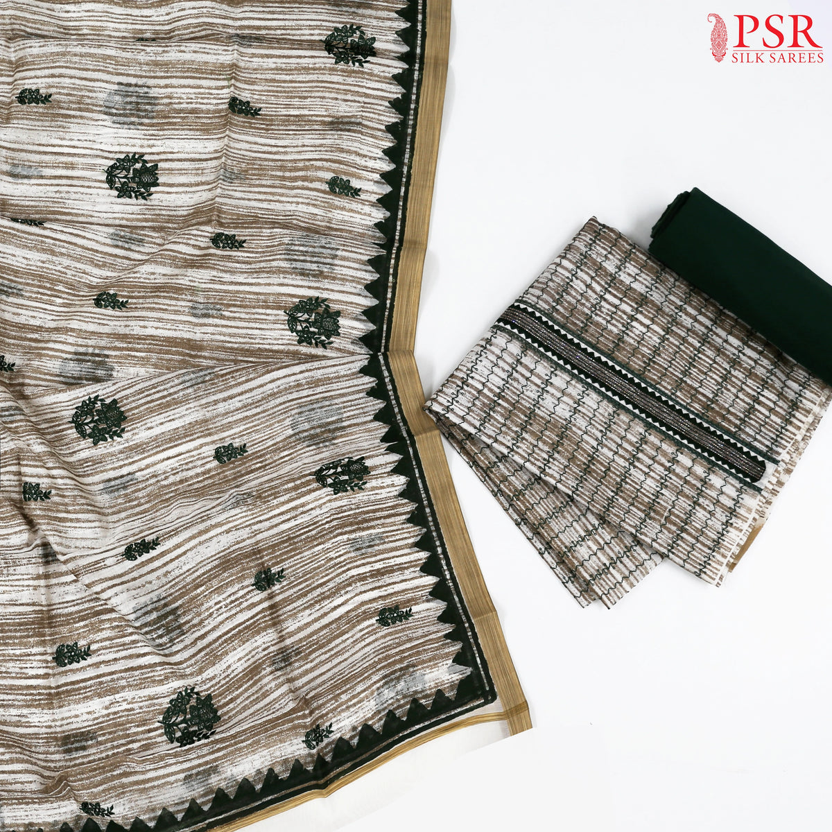 Beige & Dark Green Chanderi Silk Cotton Dress Material