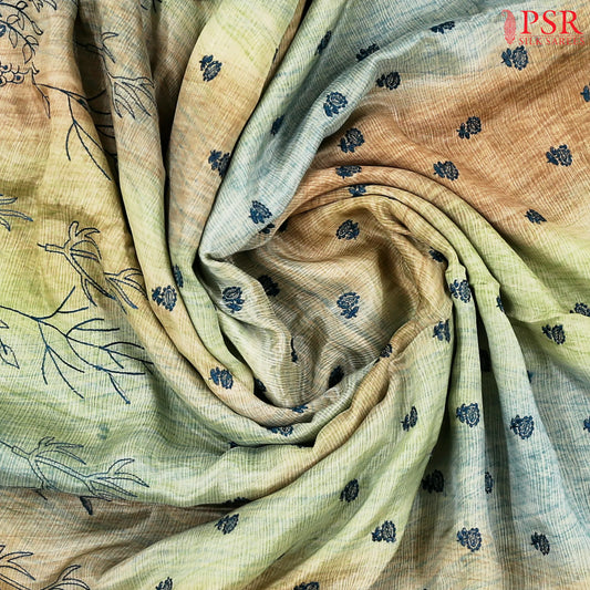 Beige & Teal Semi Crape Saree
