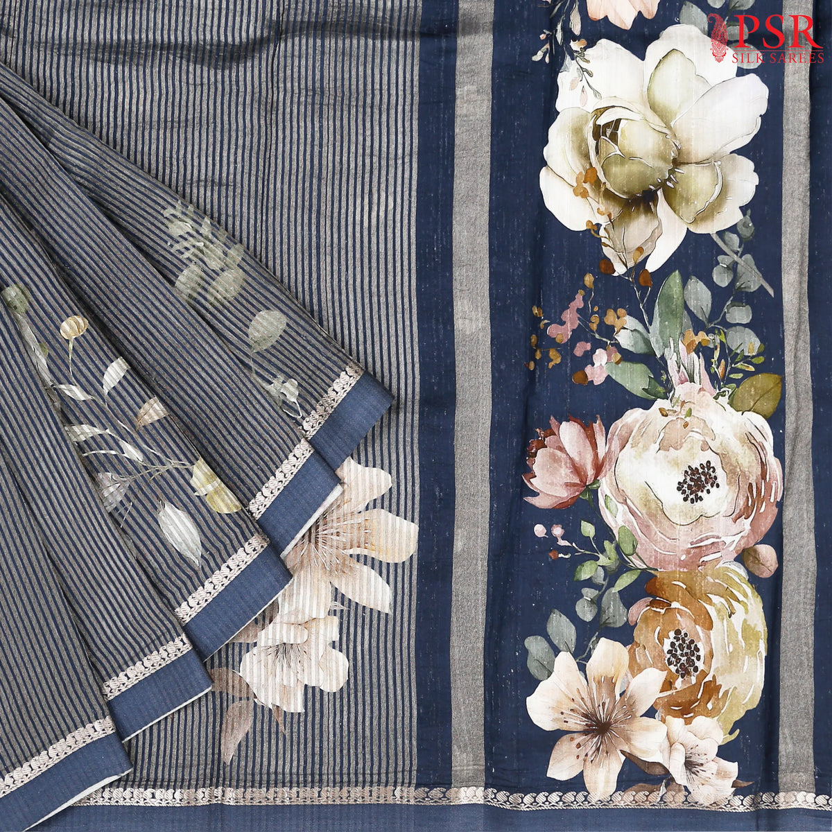 Slate Blue Printed Tissue Saree