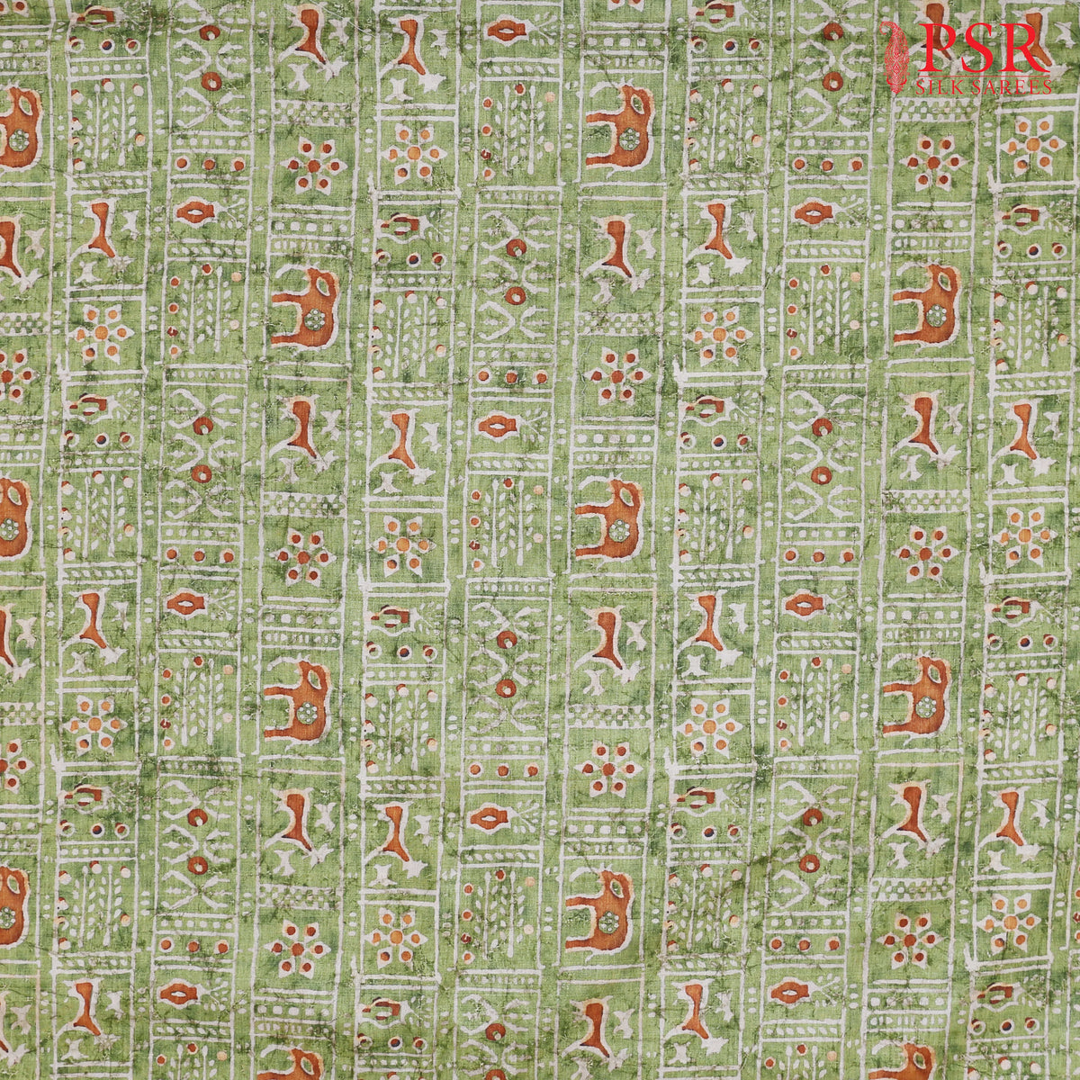 Dark Lime Green Semi Tassar Print Running Material