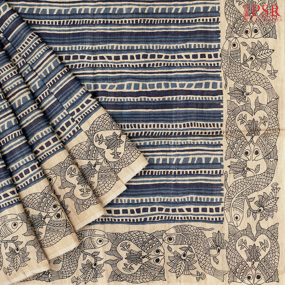 Hazelnut Beige & Prussian Blue Kadhi Tussar Silk Saree