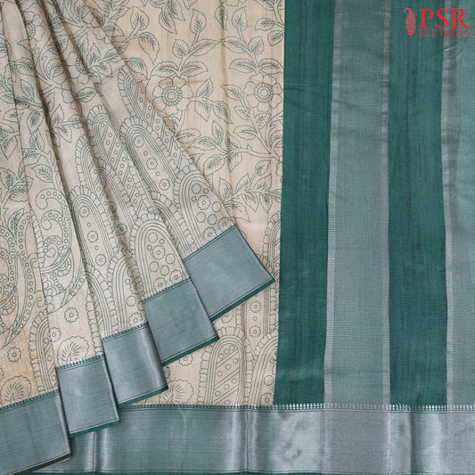 Beige And Dark Jade Green Tissue Dupion Saree