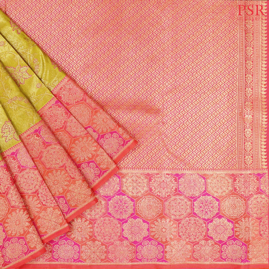 Olive Yellow Kanchipuram Jacquard Tissue Silk Saree