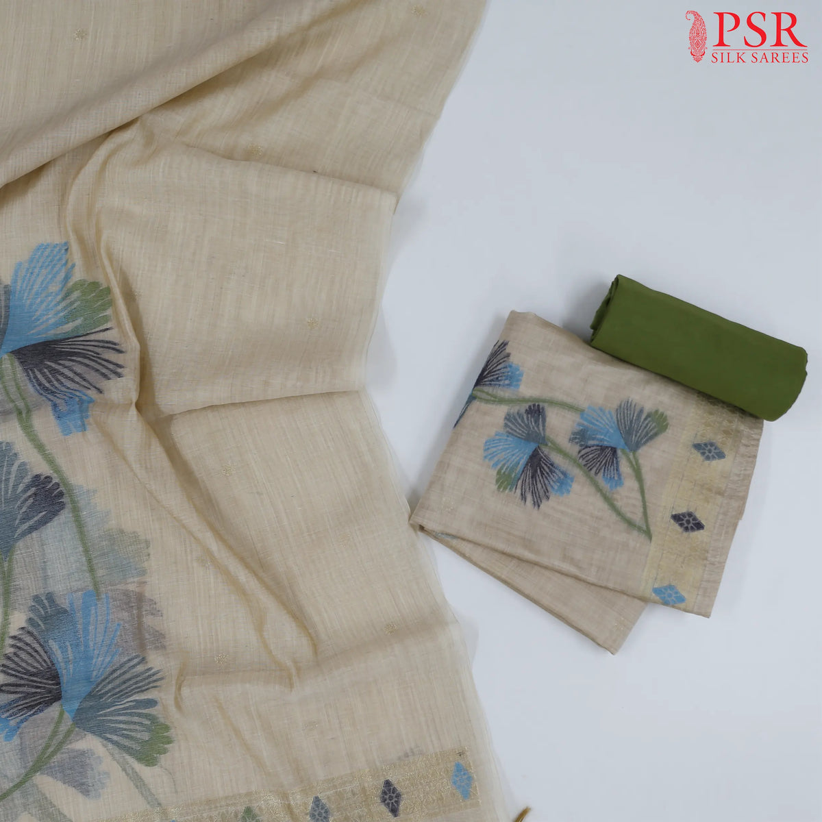 Tussar Beige Silk Cotton Dress Material