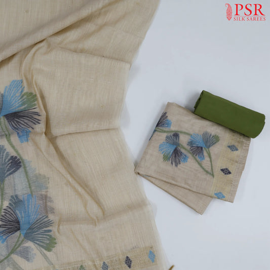Tussar Beige Silk Cotton Dress Material