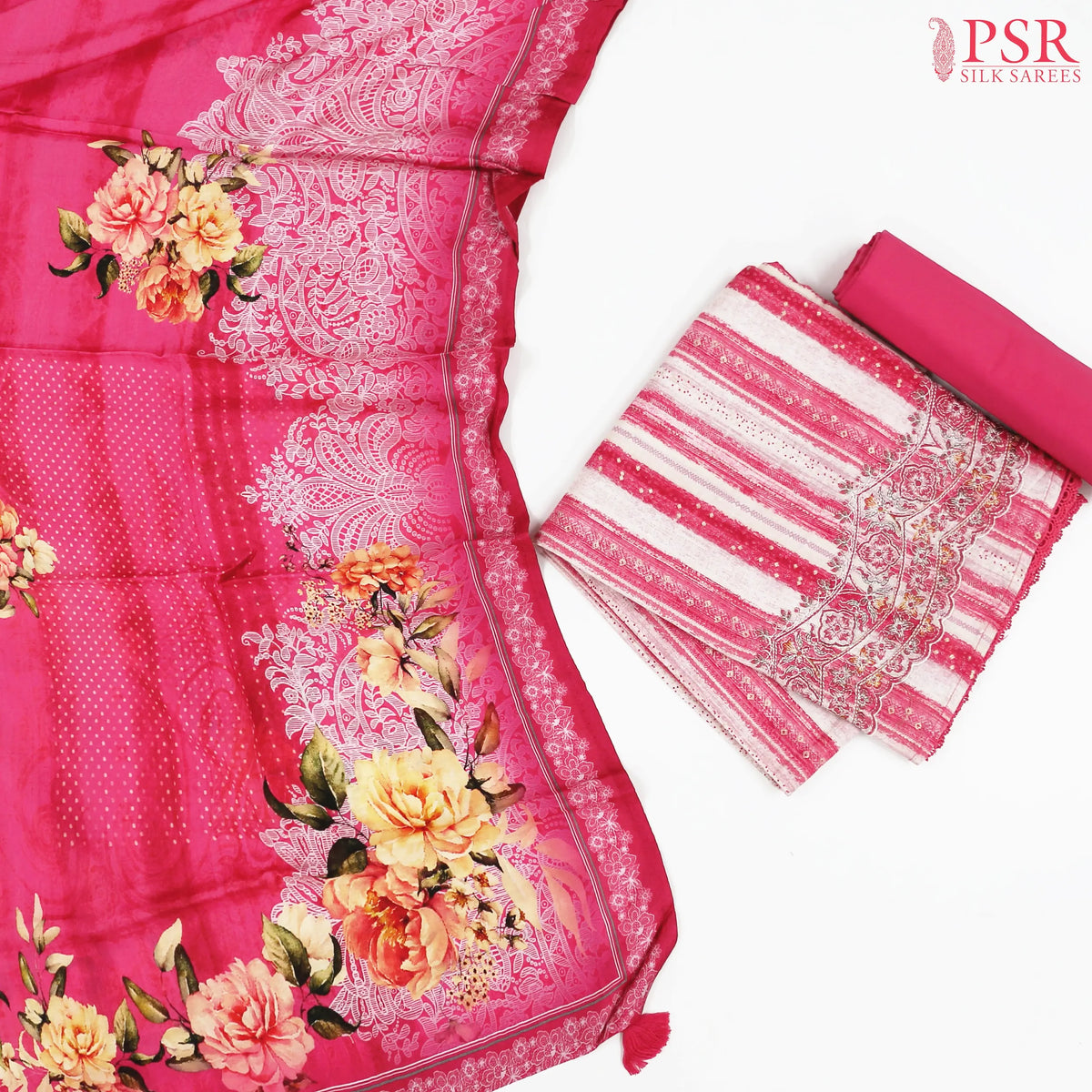 Hot Pink & Beige Cotton Dress Material