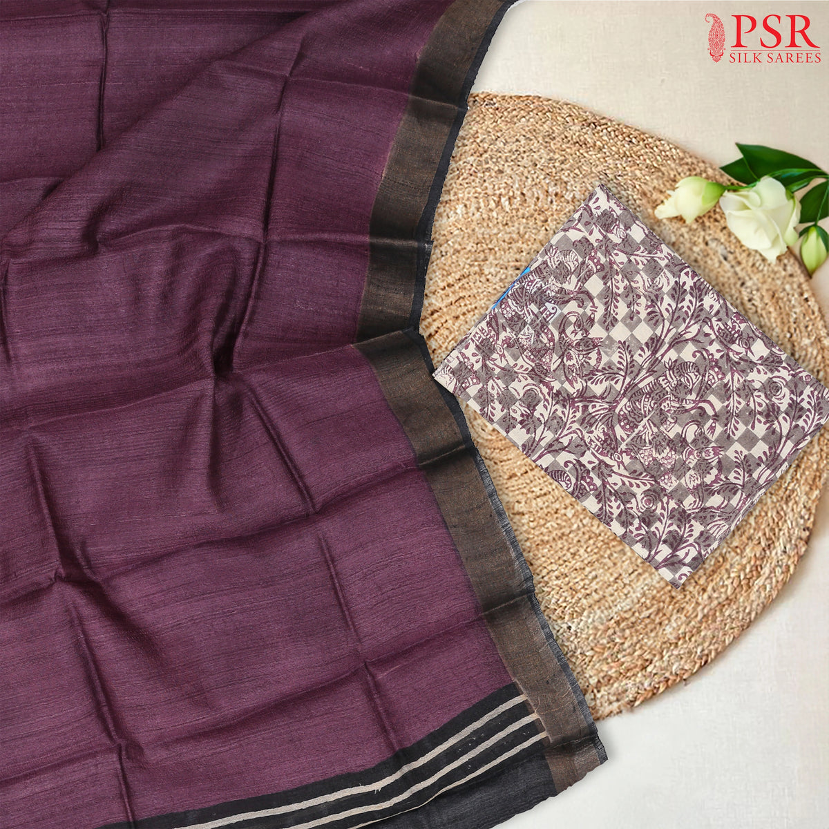 Dark Purple & Beige Kadhi Tussar Silk Dress Material