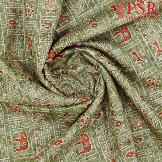 Dark Lime Green Semi Tassar Print Running Material