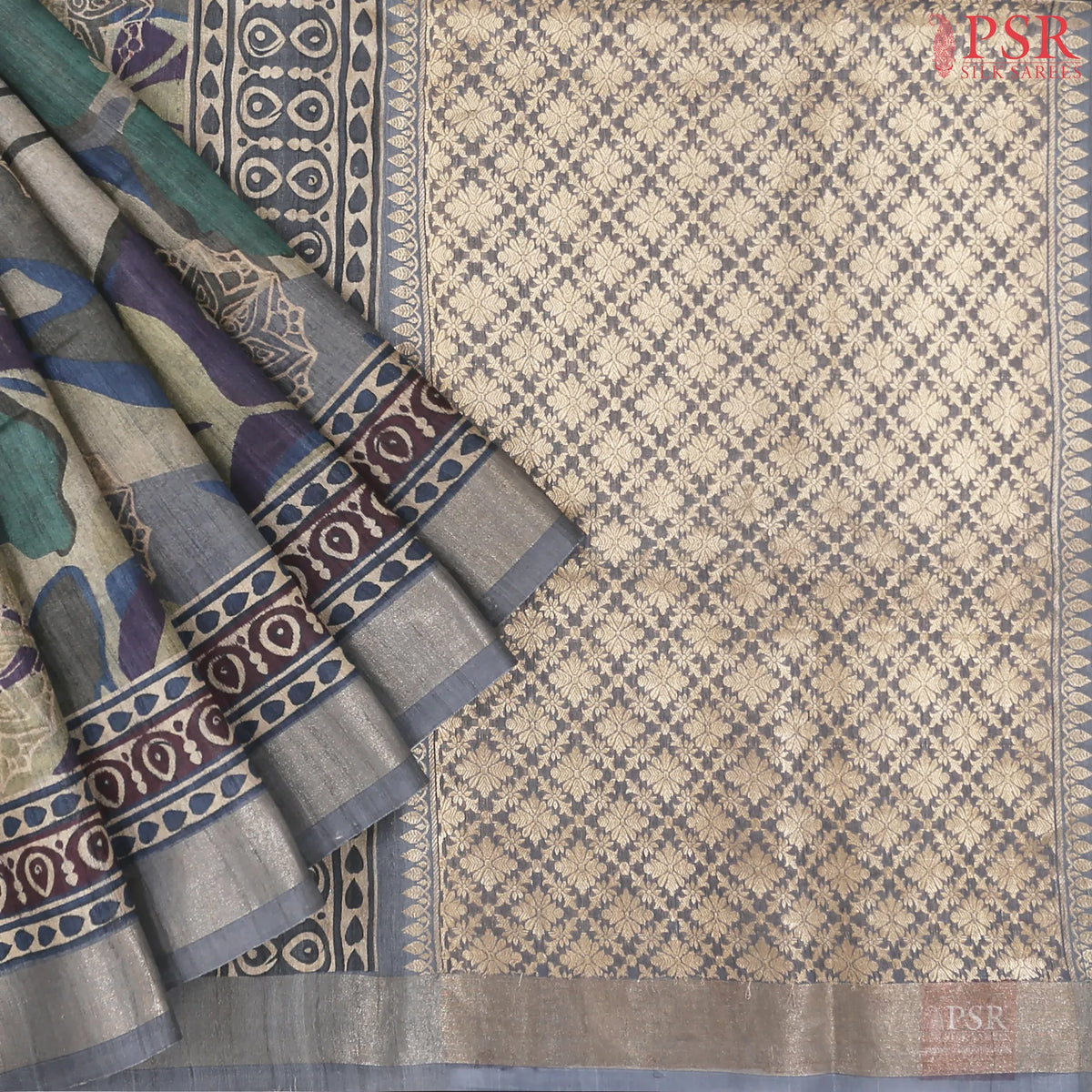 Dark Beige & Steel Grey Kadhi Tussar Silk Saree
