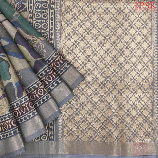 Dark Beige & Steel Grey Kadhi Tussar Silk Saree