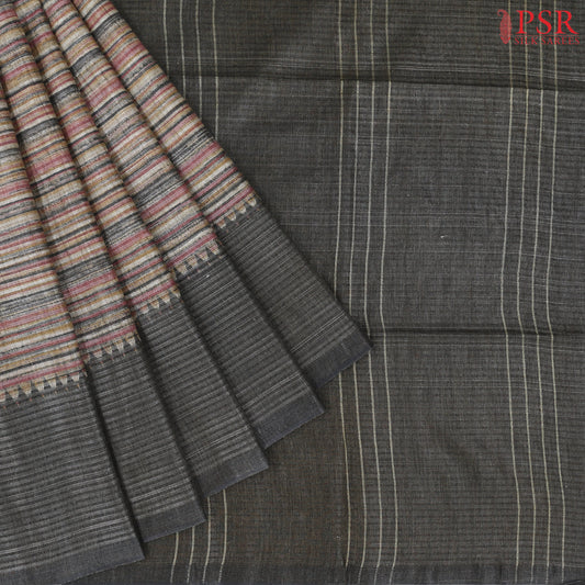 Multicolor Stripes and Charcoal Grey Semi Moonga Saree