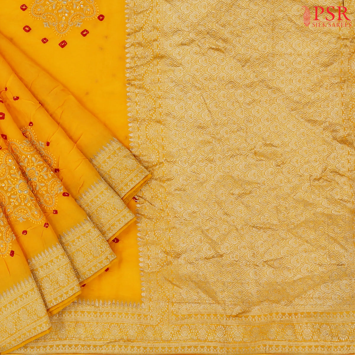 Amber Yellow Crushed Bandhini Saree