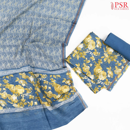 Steel Blue Chanderi Silk Cotton Dress Material