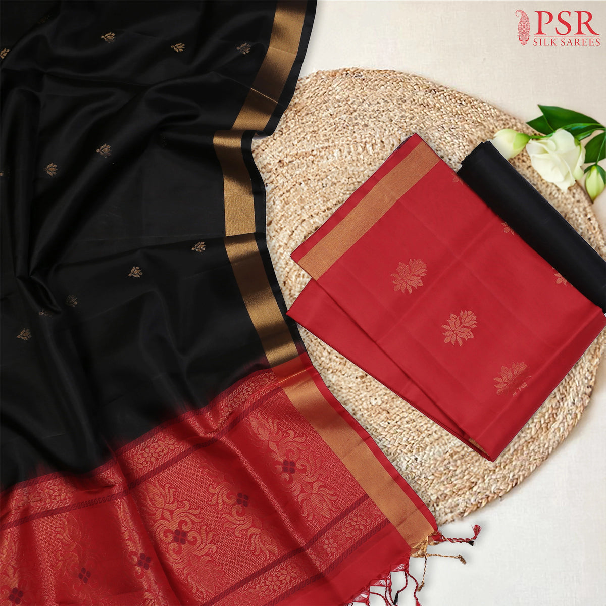 Black & Red Soft Silk Dress Material