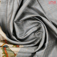 Steel Grey Tussar Silk Saree