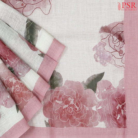 Floral White Linen Saree