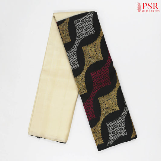 Pearl Beige & Black Kanchipuram Half & Half Silk Saree
